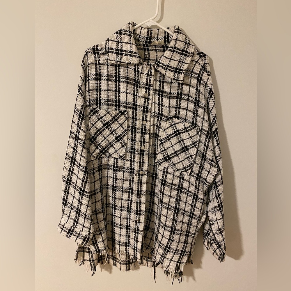 Black and white frayed over shirt